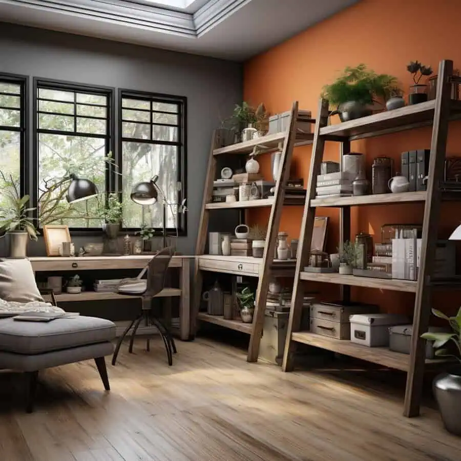 Cozy living room with vintage ladder bookshelves, warm wood tones, and abundant greenery.