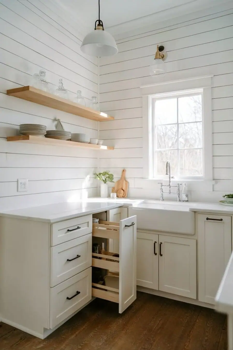 White shiplap backsplash adds a cozy farmhouse charm to white cabinets with open wooden shelves.