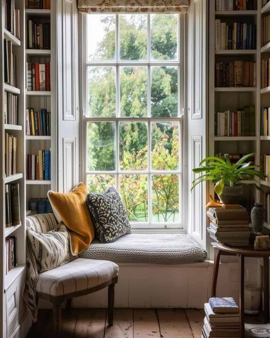 Window seat home library with built-in bookshelves, soft cushions, and abundant natural light.