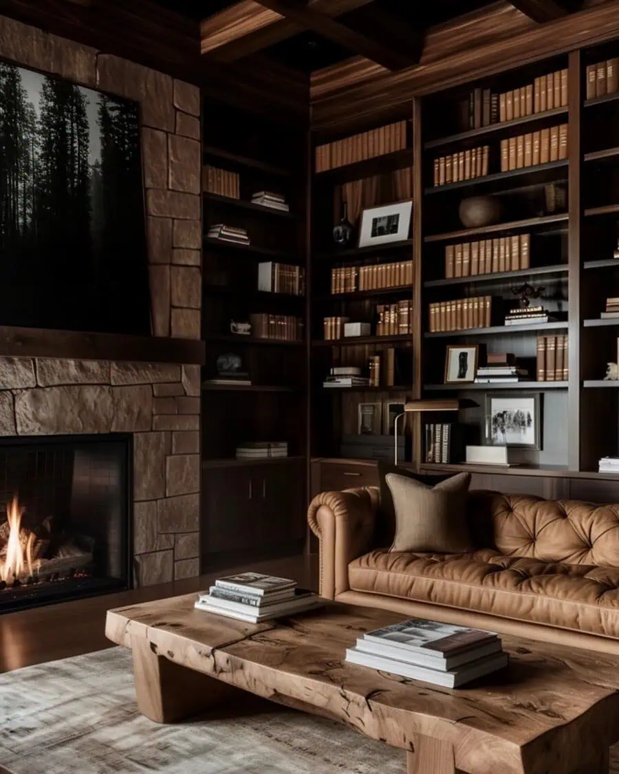 Rustic living room with dark wood bookshelves, a leather sofa, and a stone fireplace.