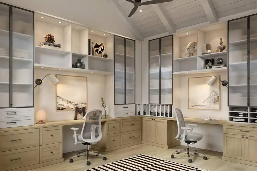 Stylish closet office with a spotted wall, leather chair, open shelves, eclectic decor, and a bold mix of textures and colors.
