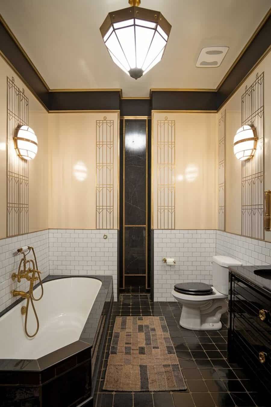 Faceted art deco fixture in a black-and-gold bathroom with subway tile, geometric accents, and luxurious detailing.