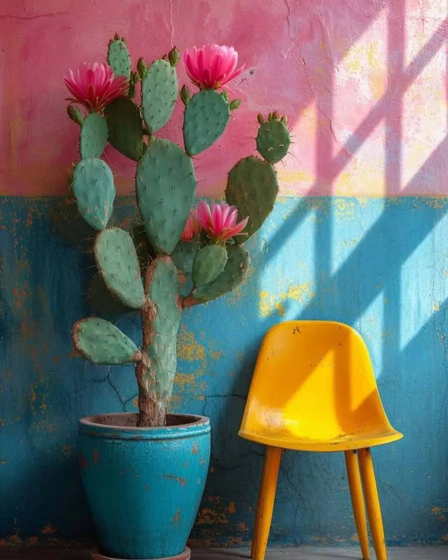 Prickly pear with bright pink blooms in a turquoise pot, set against pink-and-blue walls, with a bold yellow chair.