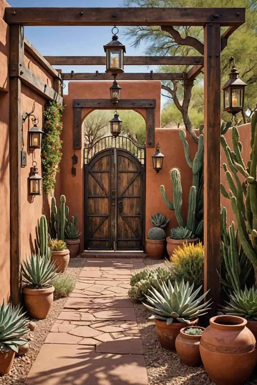 A Southwestern entry with wooden gate, terracotta walls, and potted cacti lining a flagstone walkway, accented by rustic lanterns.