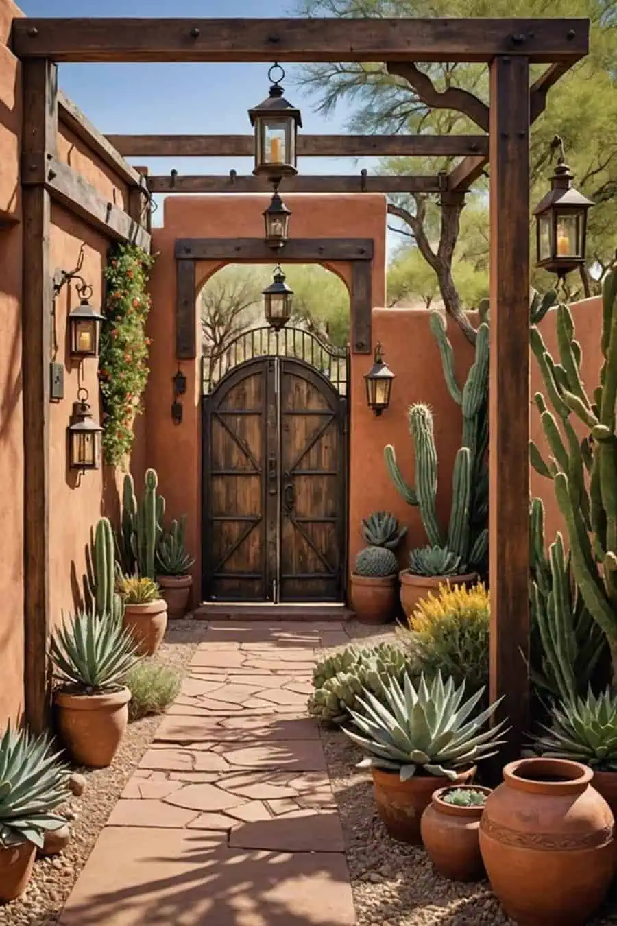 A Southwestern entry with wooden gate, terracotta walls, and potted cacti lining a flagstone walkway, accented by rustic lanterns.