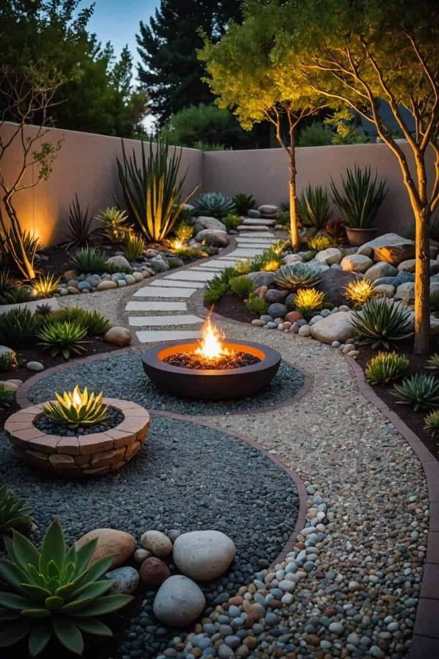 A winding stone path leading to a modern fire bowl, surrounded by succulents, agaves, and pebbles for a cozy, desert-style garden.