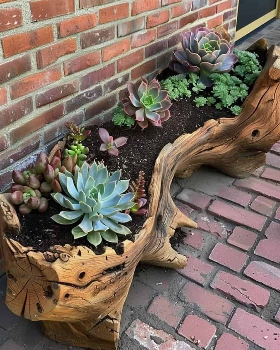 A carved wood planter filled with colorful succulents, placed against a brick wall for a rustic, natural look.