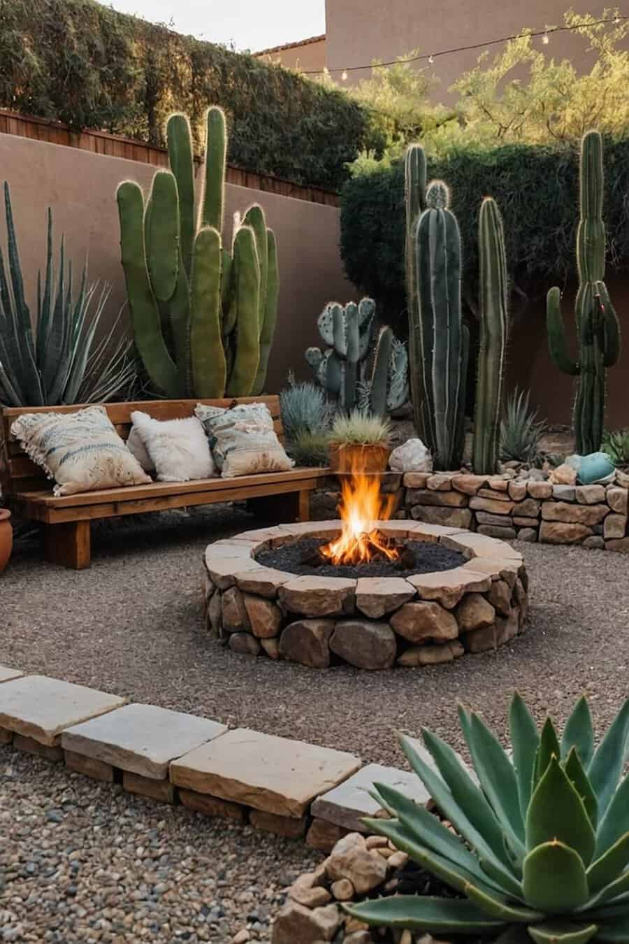 A cozy backyard fire pit surrounded by tall cacti, wooden bench seating, and gravel, creating a warm desert-inspired hangout.