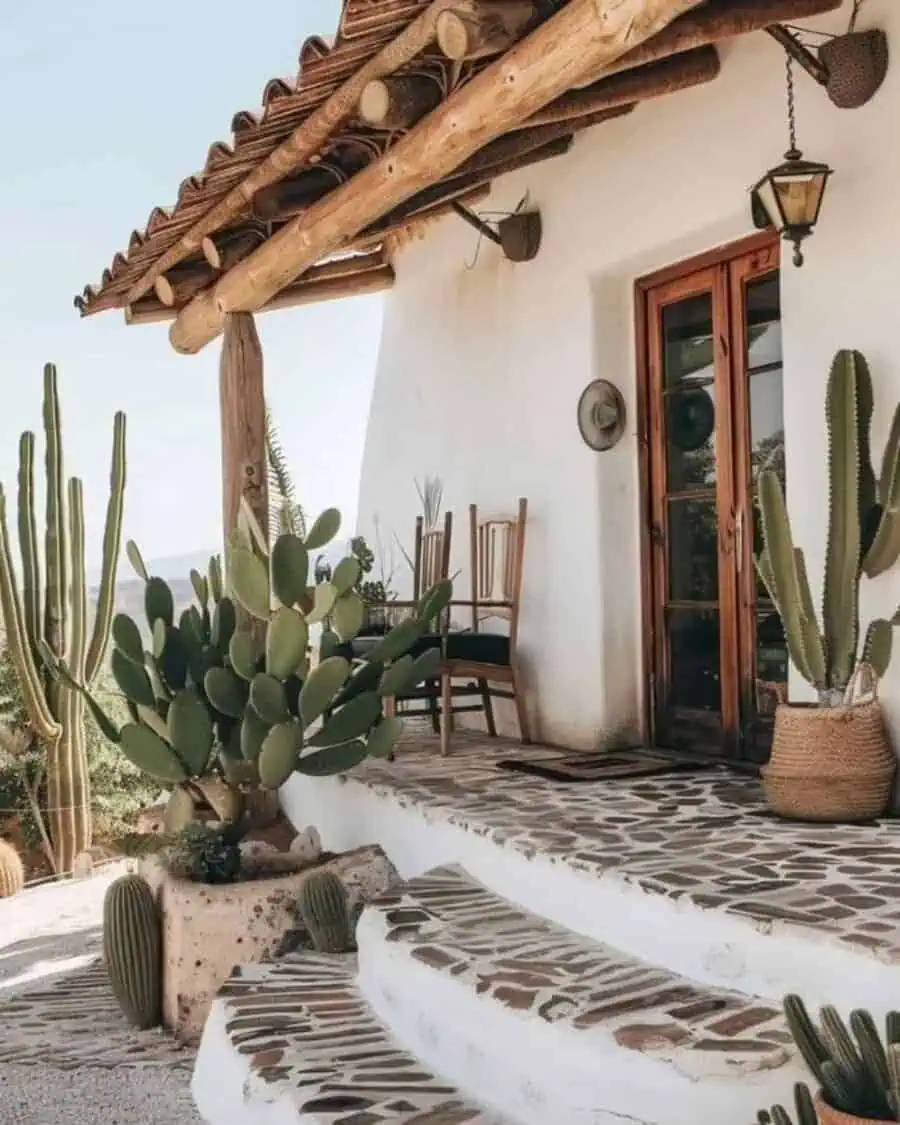 White stucco porch with wood beams and various tall cacti in planters, creating a rustic, southwestern-inspired entry.