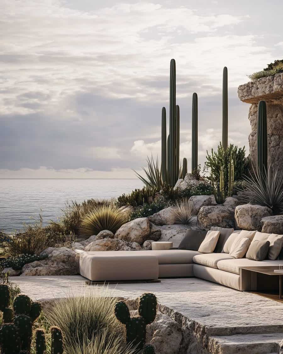 Modern oceanfront lounge with tall columnar cacti among rocky terrain, neutral seating, and sweeping sea views.