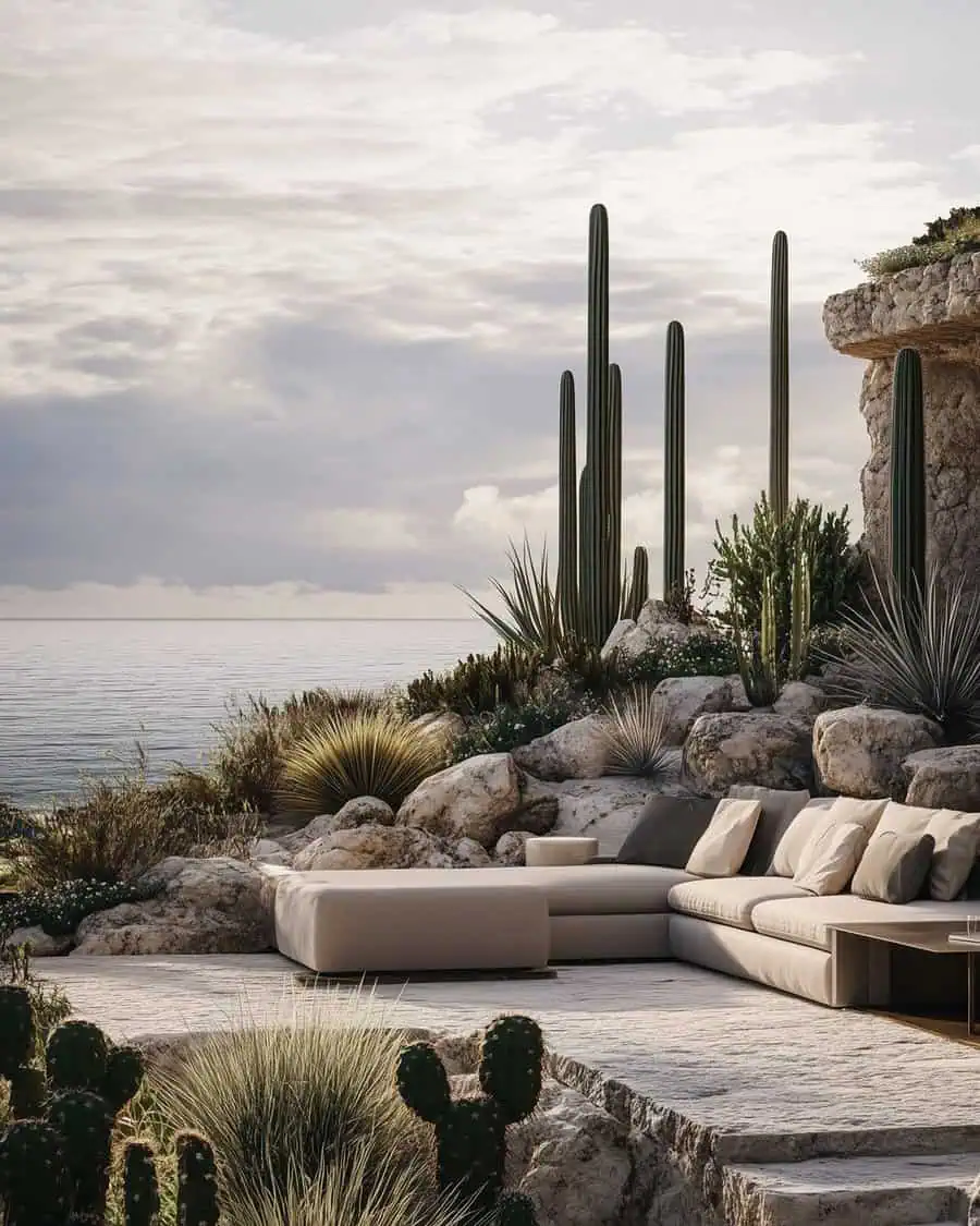 Modern oceanfront lounge with tall columnar cacti among rocky terrain, neutral seating, and sweeping sea views.