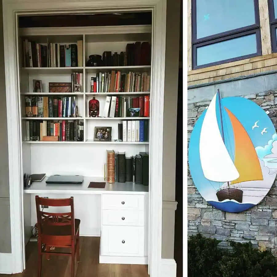 Closet office with built-in bookshelves, a white desk, a wooden chair, and an organized library-inspired design.