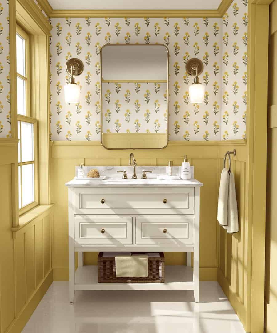 Bathroom with yellow floral wallpaper, matching wainscoting, a white vanity, and brass fixtures for a vintage-chic style.