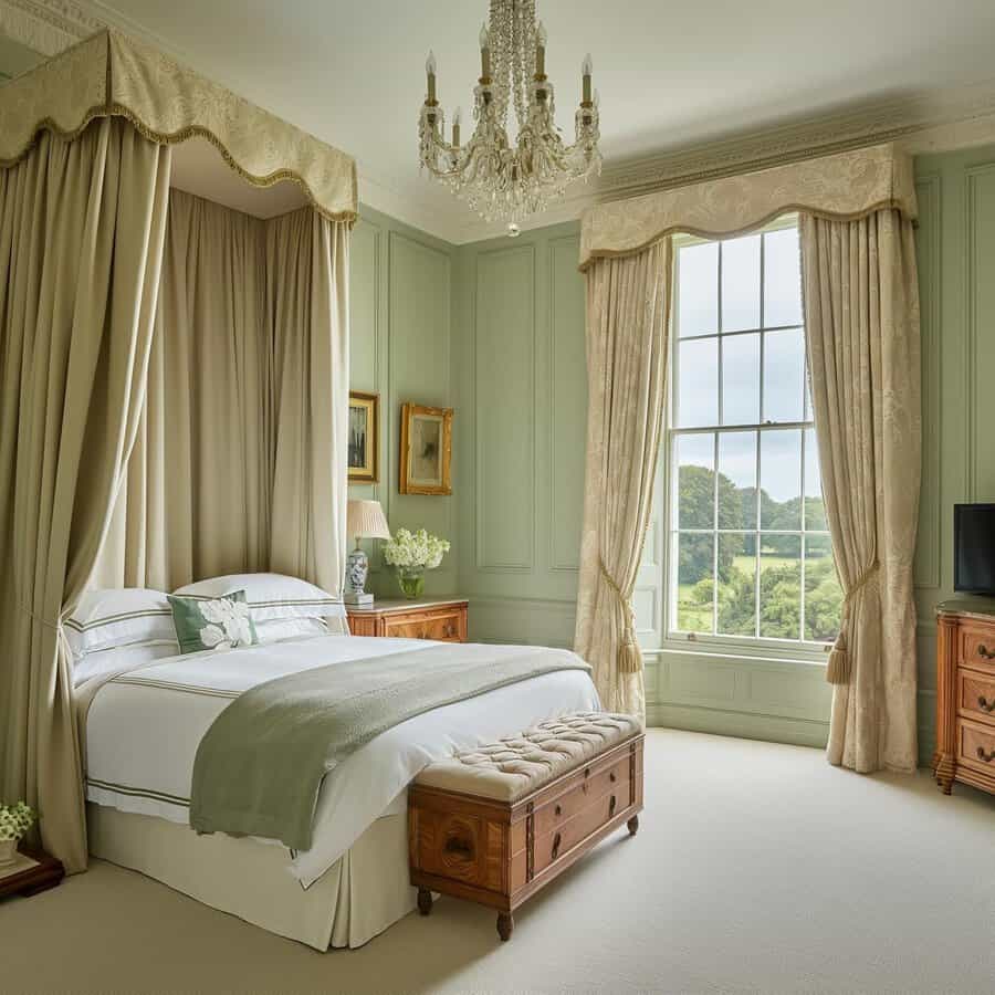 Georgian bedroom with sage-green paneling, a canopy bed, crystal chandelier, and scenic sash window.