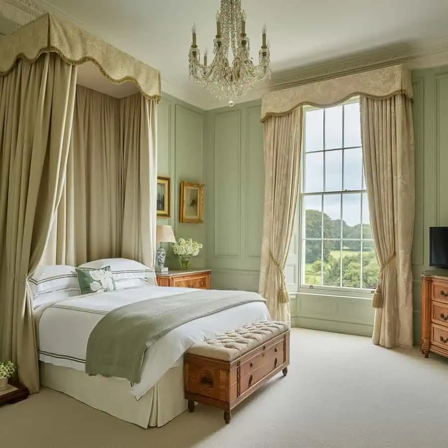Georgian bedroom with sage-green paneling, a canopy bed, crystal chandelier, and scenic sash window.