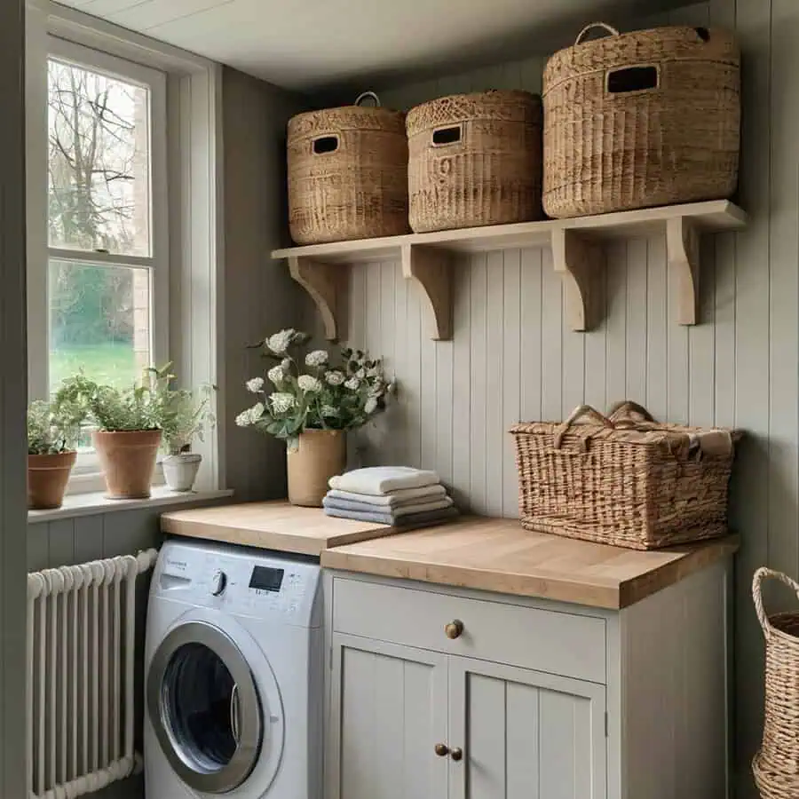 Laundry nook with sage beadboard, wood countertop, woven baskets on a shelf, and potted flowers by a bright window.