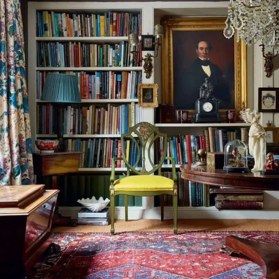 Eclectic library nook with a bright upholstered chair, built-in shelves, a large portrait, and a crystal chandelier.