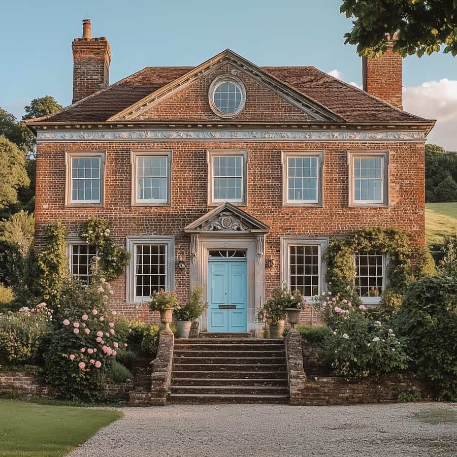 Trailing vines and roses on a red-brick Georgian house with a blue front door, pediment, and symmetrical windows in a lush garden setting.