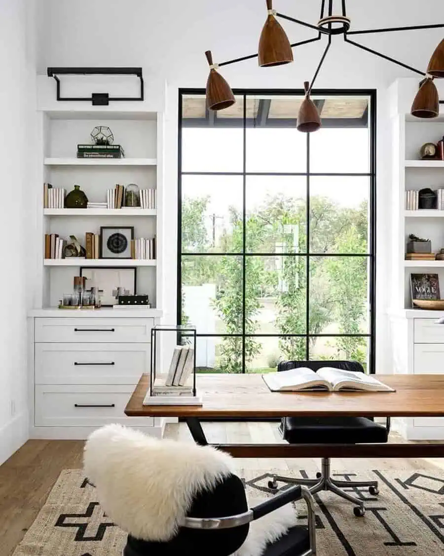 Home office featuring soft textures, like a sheepskin throw and fluffy rug, for a cozy yet professional look.