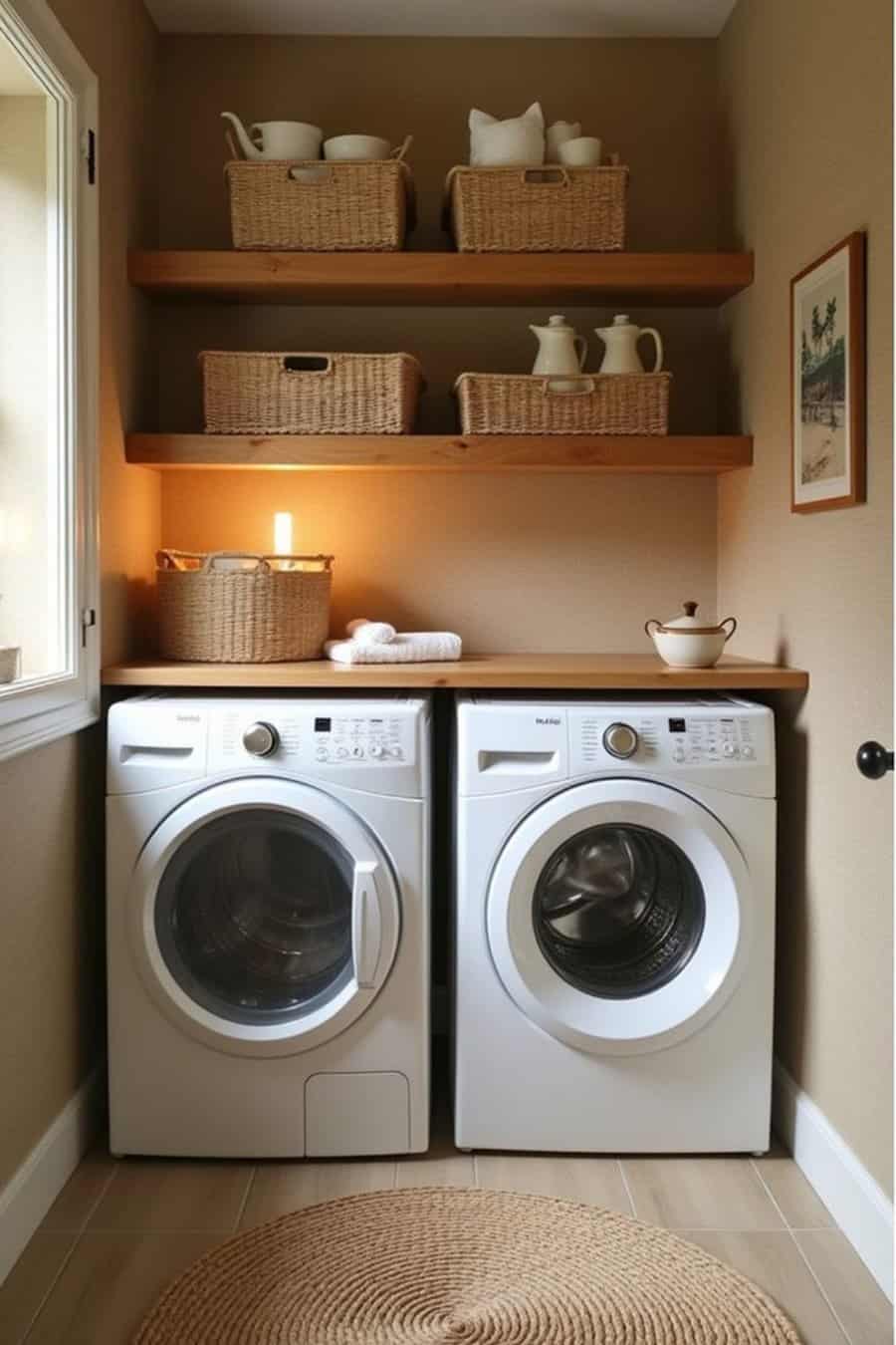 Beige laundry room with wooden shelves, wicker baskets, and a white washer and dryer.