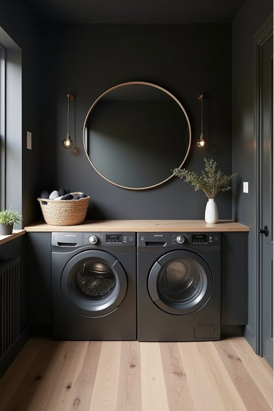 Charcoal laundry room with a round mirror, wood countertop, black washers, and pendant lights on natural wood flooring.