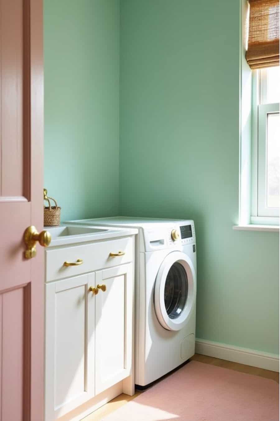 Mint green laundry room with white cabinet, gold hardware, pink door, and a front-loading washer near a sunlit window.