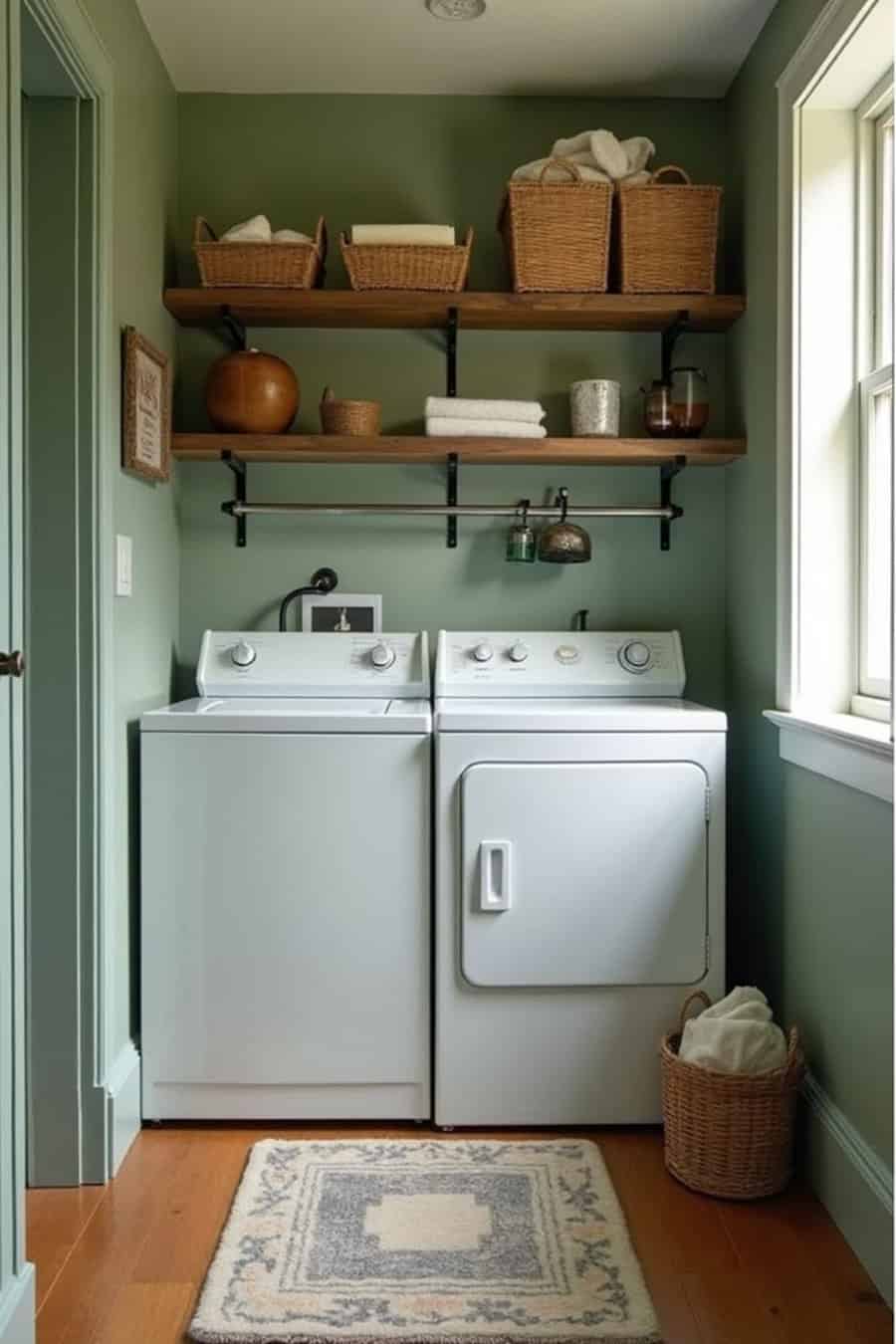 Laundry room with green walls, wood shelves, woven baskets, and white washer and dryer near a window.