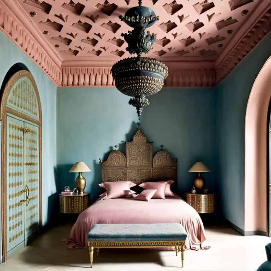 Luxury bedroom with a Moorish-inspired sitting area, arched alcoves, carved details, plush seating, and statement chandeliers.