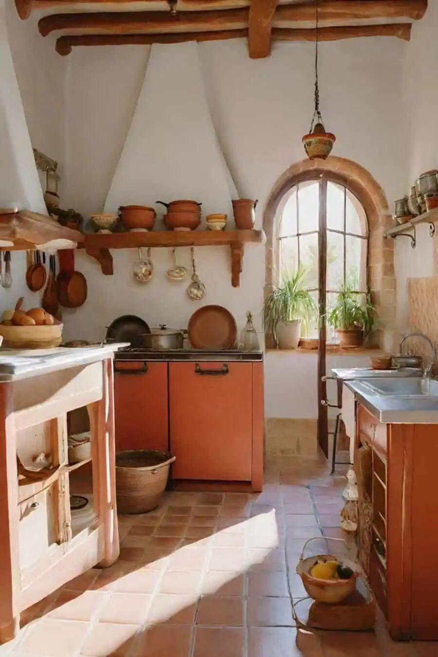 Mediterranean Spanish kitchen with terracotta cabinets, exposed wood beams, a curved range hood, open shelving, and an arched window with natural light.
