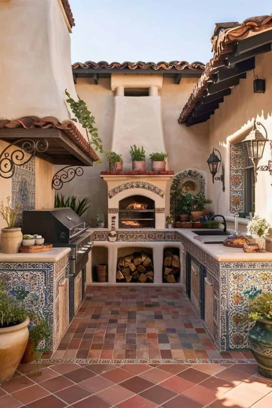 Spanish-style outdoor kitchen with a wood-fired oven, colorful tile, terracotta flooring, stucco walls, and wrought iron lanterns.