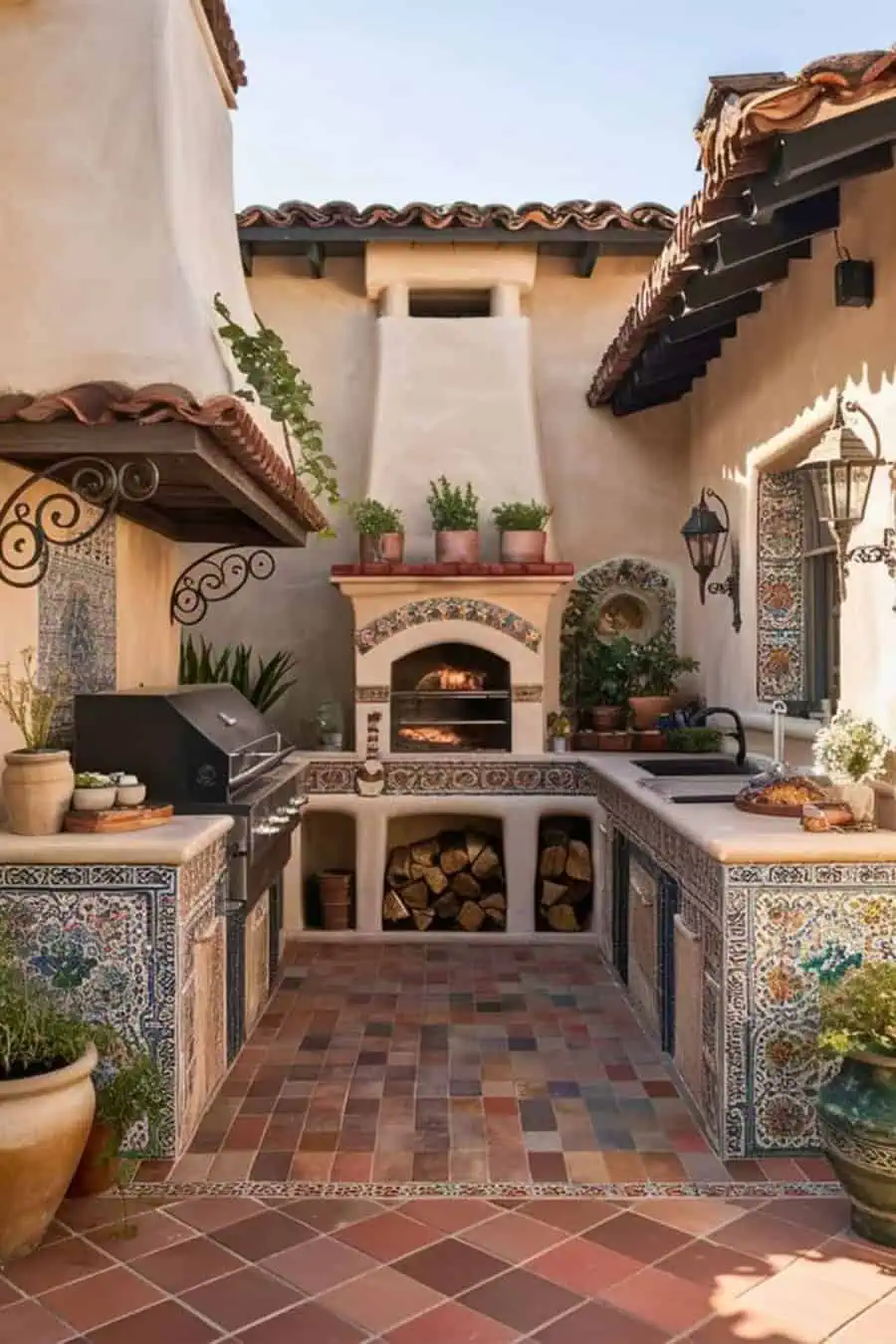 Spanish-style outdoor kitchen with a wood-fired oven, colorful tile, terracotta flooring, stucco walls, and wrought iron lanterns.