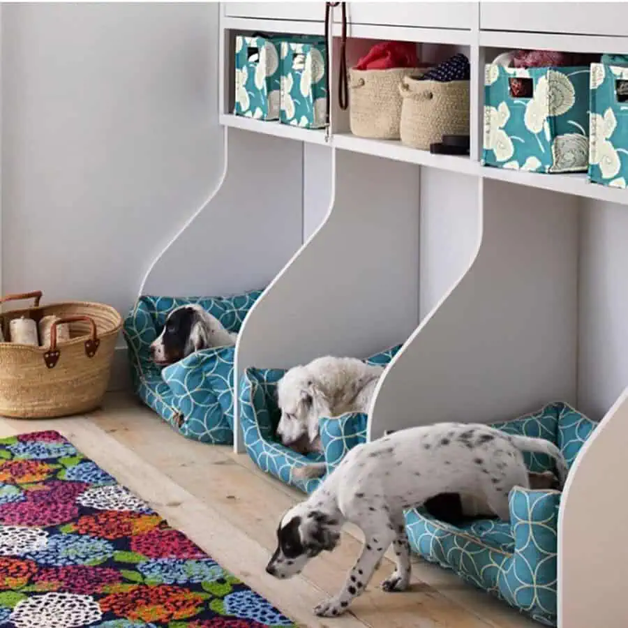 Pet station with built-in dog cubbies, teal beds, and overhead baskets for a cozy, organized space.