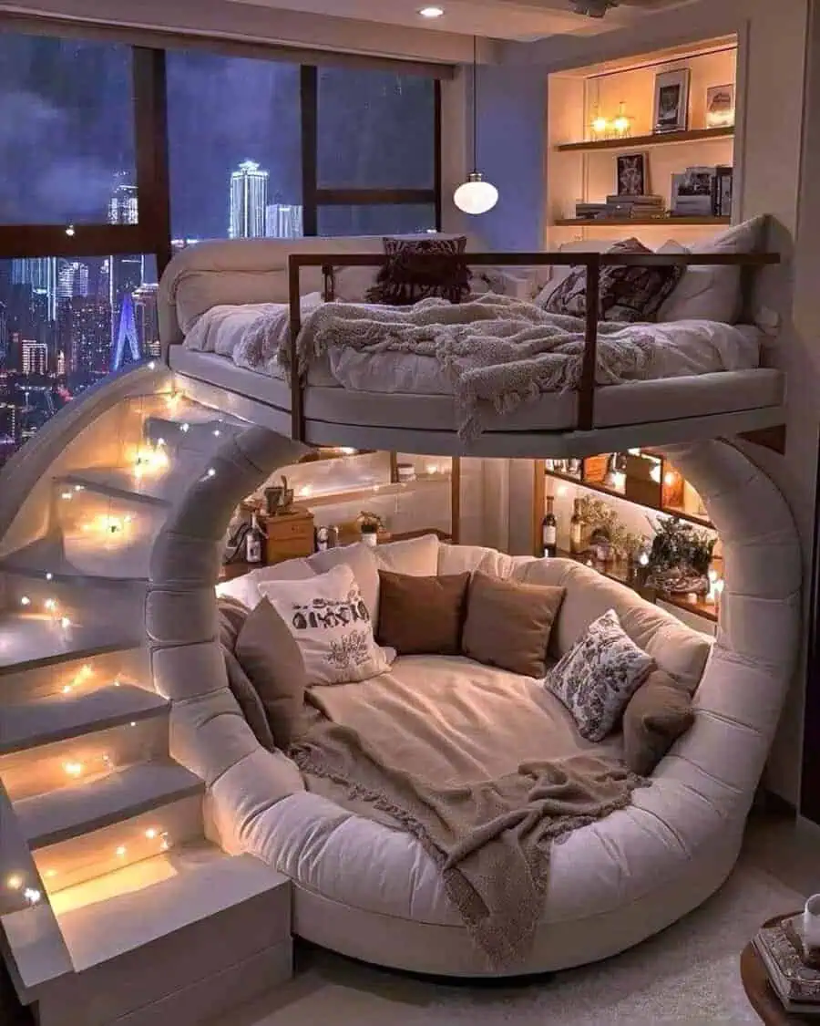 Loft bed over a round lounge with soft lighting, creating a cozy multi-level spare room retreat.