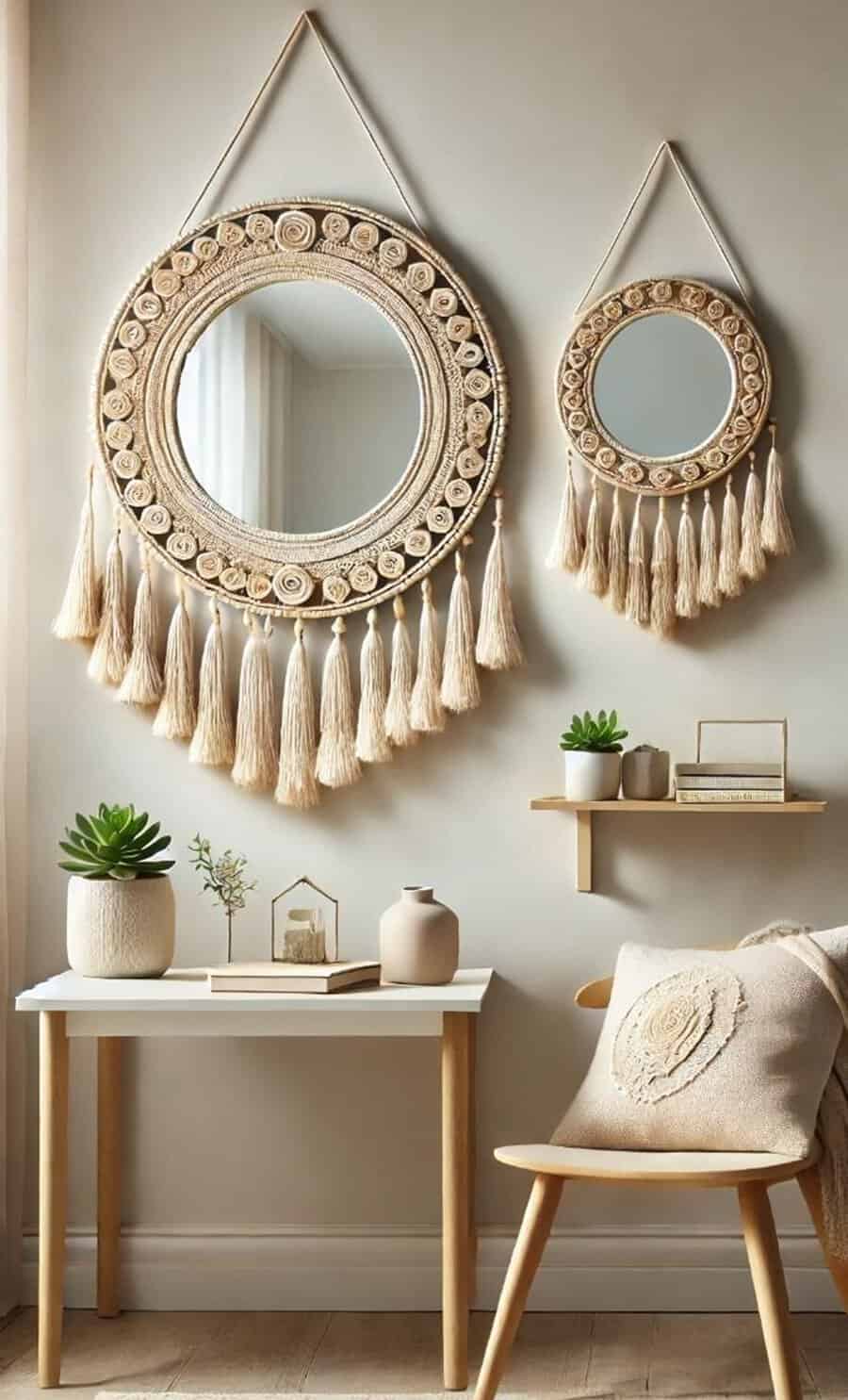 Boho-style room with two macrame tassel mirrors, a wooden table, neutral decor, and a cozy chair with a textured cushion.