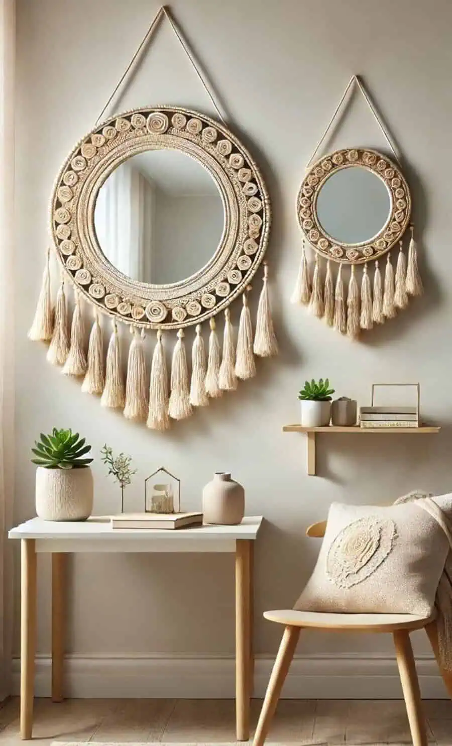 Boho-style room with two macrame tassel mirrors, a wooden table, neutral decor, and a cozy chair with a textured cushion.