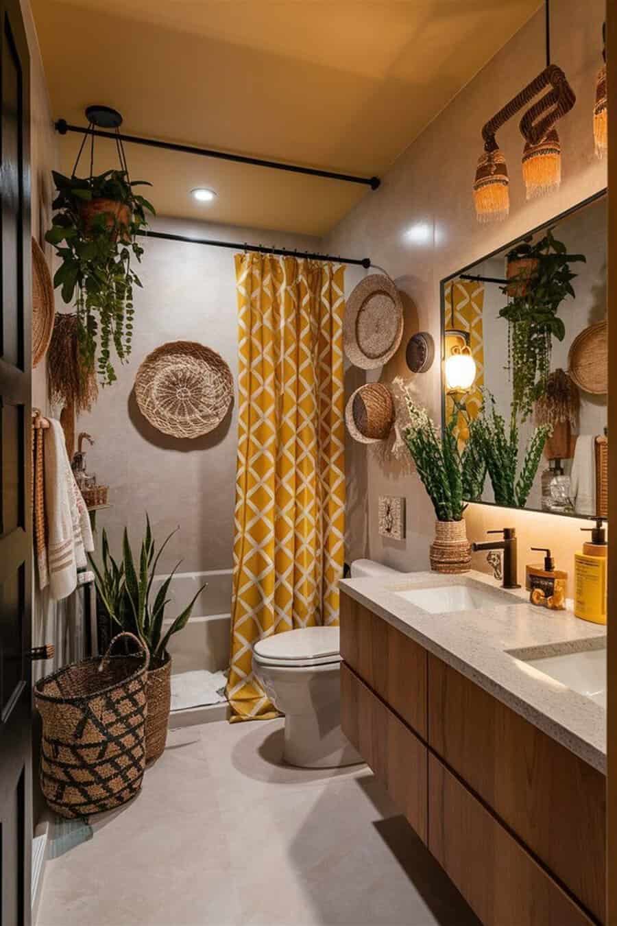 Yellow geometric curtain, hanging plants, and natural textures in a cozy, boho bathroom.
